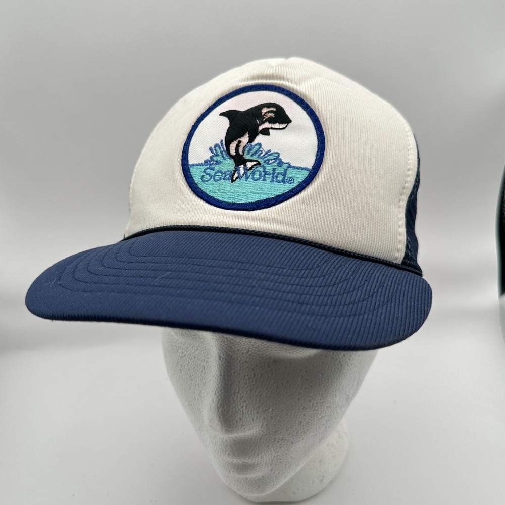 Vintage Sea World Trucker Hat Mens Blue White Snapback Breathable Mesh Cap 90s‎